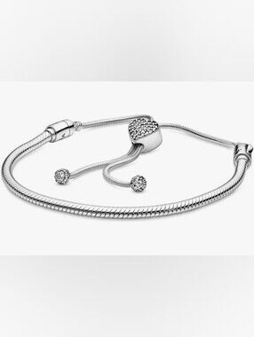 Pandora Moments Pave Heart Clasp Snake Chain Slider Silver Bracelet